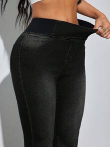 SHEIN PETITE Women's Blue Jeans Skinny Flared Pants Comfortable High Elastic Denim Summer Office Wear Siren Style,Black Jeans