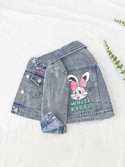 SHEIN Playful Pals 年轻女孩休闲宽松牛仔夹克，甜美英式刺绣和可爱兔耳印花，百搭时尚，适合日常穿着