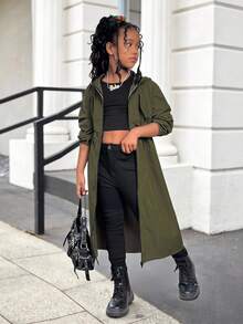 SHEIN Tween Girl Casual Fashion Loose English Ribbon Hooded Cinched Waist Parka Jacket Coat, Military Green Stylish Girl Outerwear, Tween Girl Outfits, Kids Trench Coat, Green Trench Coat For Girls,In Fall/Winter - Army Green - View 3