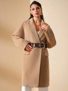 EURMUSE 女士休闲纯色翻领落肩宽松双排扣羊毛大衣 - 米色 - 查看 3