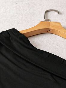 INAWLY 休闲时尚通勤高弹力纯棕色褶皱肩上衣和白色松紧腰裤套装 - 黑色 - 查看 3