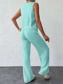 EURMUSE 2 Stücke Lässig Pendler einfarbiger gestrickter Weste und Hose Set - Lichtblau - Übersicht 2