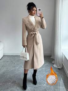 Elenzga 女式优雅狐狸装饰收腰长袖外套，秋冬 - 咖啡棕 - 查看 2