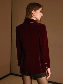 MOTF PREMIUM VELVET RHINESTONE TRIM PEAK COLLAR DOUBLE BREASTED PLACKET BLAZER - Burgundy - View 4