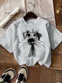 大码女士休闲圆领小狗涂鸦印花百搭短袖T恤 - 灰色 - 查看 1