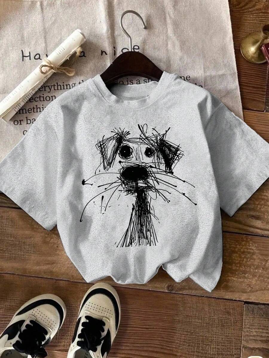 大码女士休闲圆领小狗涂鸦印花百搭短袖T恤 - 灰色 - 查看 1