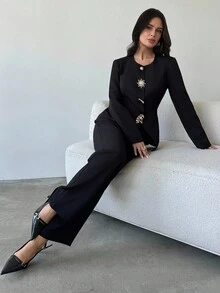 Firerie Women's Elegant Minimalist Metal Button Decor Long Sleeve Blouse, Long Sleeve Asymmetric Button Fitted Top, Black, Suitable For Office Wear Fall Women Clothes / Commuting Wear / Teacher Clothing / Back To School Season / Old Money /Fall Clothes For Women/ Business Casual Woman / Fall Clothes/Office Attire For Women /Work Outfits/ Fall Women Clothes - Black - View 8