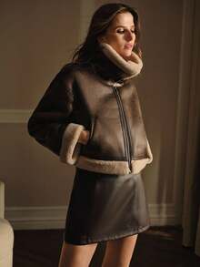 MOTF STUDIO CONTRAST FUZZY PANEL DROP SHOULDER OVERSIZE ZIP UP JACKET FOR AUTUMN/WINTER - Brown - View 8