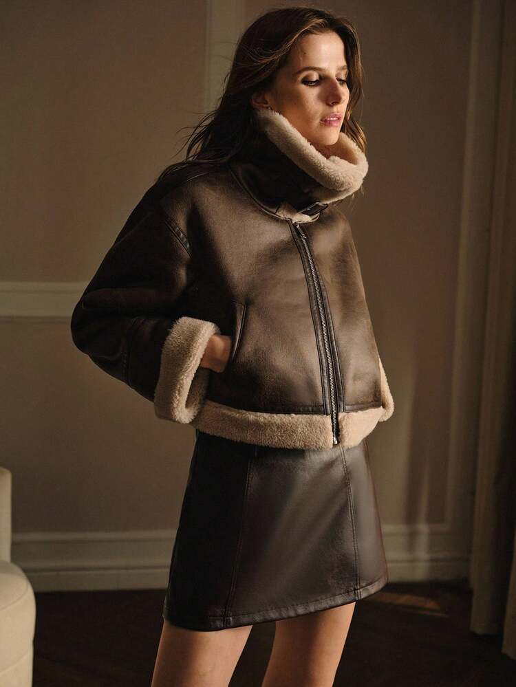 MOTF STUDIO CONTRAST FUZZY PANEL DROP SHOULDER OVERSIZE ZIP UP JACKET FOR AUTUMN/WINTER