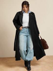 SHEIN LUNE Plus Size Women Lapel NeckLong Sleeve Casual Double-Faced Overcoat Winter Clothes For Women Business Casual Woman Trench Coats Fall Clothes For Women Winter Clothes Office Outfits For Women Chic Winter Business Autumn