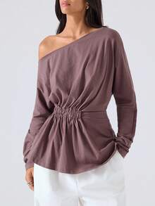 LYSMO 2025新款极简主义秋季女装优雅通勤纯色不对称领收腰T恤，适合外出、街头风和斯德哥尔摩风格商务休闲，棕色上衣 - 咖啡棕 - 查看 6