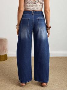 EMERY ROSE 女式口袋喇叭休闲宽松牛仔裤 - 深色水洗藍 - 查看 3