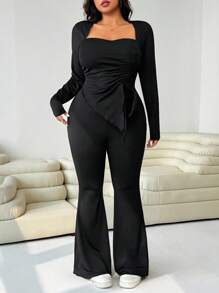 Solflare 秋冬天鹅领不对称褶皱长袖T恤搭配喇叭裤，黑色弹力针织两件套，适合休闲、约会、派对、返校、通勤黑色两件套曲线裤套装 - 黑色 - 查看 5