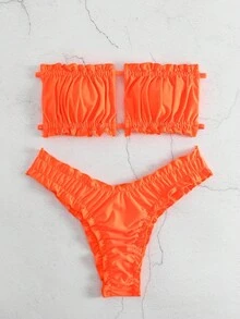 Oceva Summer Beach Frill Trim Bandeau Bikini Set, Orange Bathing Suit - Orange - View 5