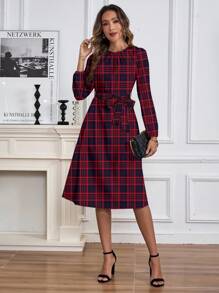 SHEIN Clasi Váy dài tay cổ tròn họa tiết kẻ caro cổ điển thanh lịch dành cho nữ, màu đỏ - Nhiều màu - Xem 4