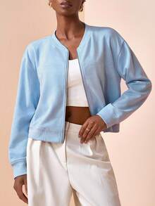 Zivah 2025 Autumn/Winter New Sky Blue Minimalist Short Zip-Up Baseball Jacket - Blue - View 1