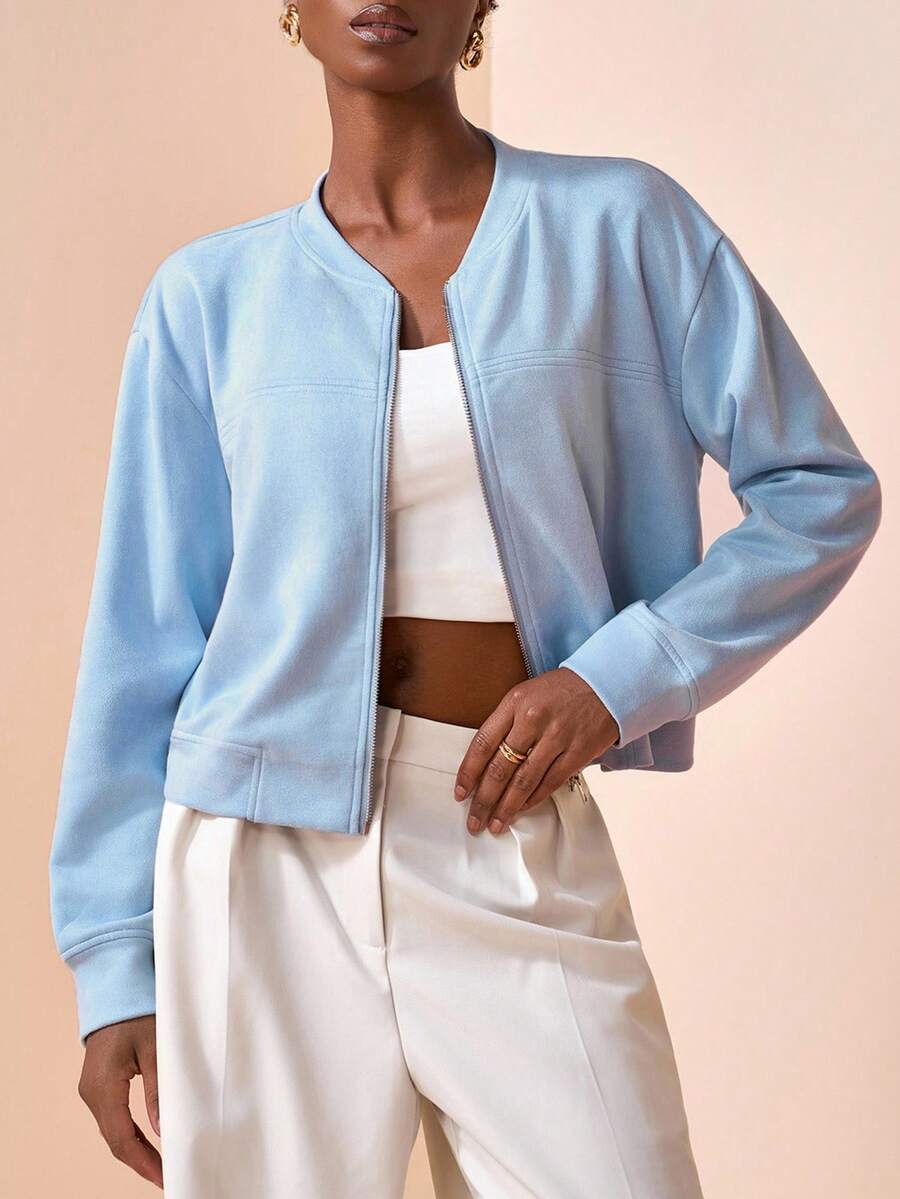 Zivah 2025 Autumn/Winter New Sky Blue Minimalist Short Zip-Up Baseball Jacket - Blue - View 1