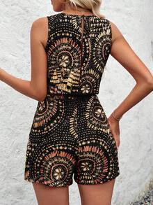 Breezaya Floral Print Knot Front Sleeveless Romper - Black - View 2