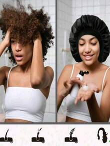 SHEIN 1Pc/2Pcs Silk Bonnet For Sleeping, Satin Hair Bonnets, Soft Elastic Band Silk Sleep Cap, Silk Hair Wrap For Curly Hair (Black Gold) - Multicolor - View 8