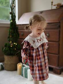 SHEIN Babygirl Baby GirlAutumn Embroidered Big Collar Long Sleeve Fashionable Checkered Dress, Suitable For Camping Or Attending Friends' Birthday Parties In Mild Autumn Weather - Brown - View 9