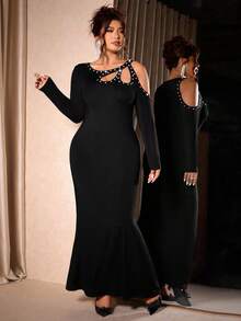 Cravure Women's Plus Size Slim-Fitting Long-Sleeved Fishtail Dress With Shoulder Features Hollow Studs And Bubble Beads Off The Shoulder Party Elegant Formal Women Dresses Evening Dress Maxi Bodycon Dress Fall Cloth For Women - Black - View 4