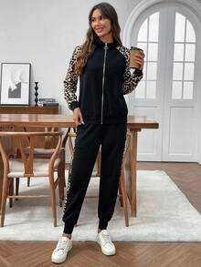 EMERY ROSE Conjunto de top de manga larga y pantalones de 2 piezas con parches de estampado sólido y de leopardo para mujer - Multicolor - Ver 7