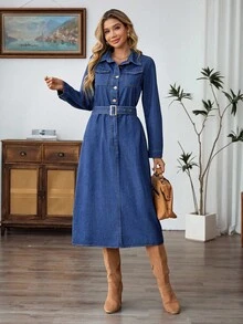 EMERY ROSE Women's Blue Long Sleeve Half-Placket Fashionable Versatile Denim Dress