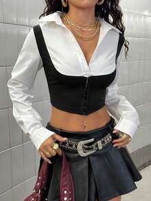 StreetHx Women's Contrast Color Cropped 2 In 1 Long Sleeve Shirt Fall Cloth For Women