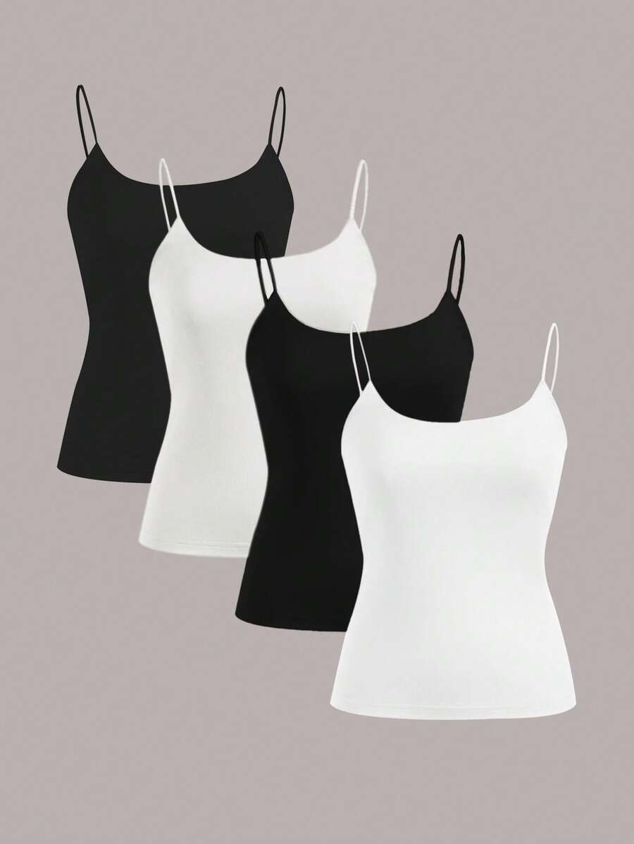 SHEIN EZwear 4pcs Pack Casual Solid Color Versatile Black & White Camisole Top, All-Match Style For Spring/Summer - Black and White - View 1