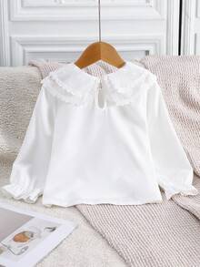Genkimix Kids Girls' White Solid Floral Lace Mesh Patchwork Layered Collar Cuff Elastic Ruffle Hem Blouse,Outings - White - View 2