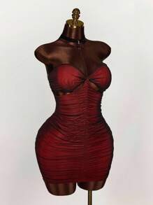 Amplova 大码女式万圣节低胸拼色镂空性感派对连衣裙 - 黑色 - 查看 6