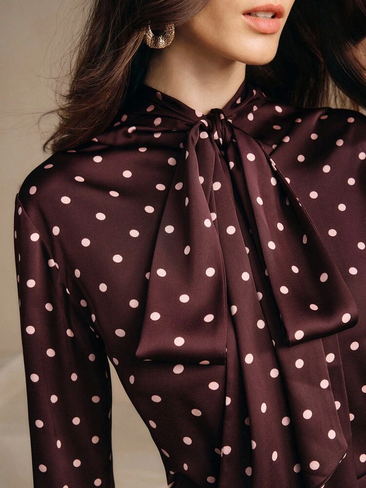 Vacation-Inspired Elegant Commuter Brown & Pink Polka Dot Print Collar Bow Decor Long Sleeve Ruffle Sleeve Women Casual Shirt + High Waist Straight Women Skirt 2-Piece Set, Suitable For Spring, Summer, Going Out, Elegant, Formal, Party, Chic, New Year, Christmas, Graduation