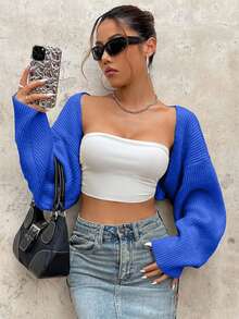 EURMUSE Y2K Grunge Drop Shoulder Open Front Crop Cardigan Without Tube Top - Blue - View 7