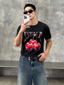 SWAVVY 男士休闲樱桃字母印花短袖T恤，夏季