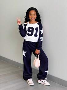 SHEIN Explorewe 2 件/套女童卫衣两件套，91 图案单肩带长袖卫衣搭配星星印花裤，适合日常穿着、同学聚会、户外活动 - 藍色 - 查看 1