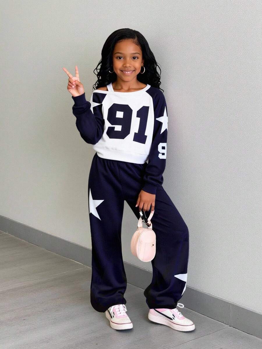 SHEIN Explorewe 2 件/套女童卫衣两件套，91 图案单肩带长袖卫衣搭配星星印花裤，适合日常穿着、同学聚会、户外活动 - 藍色 - 查看 1