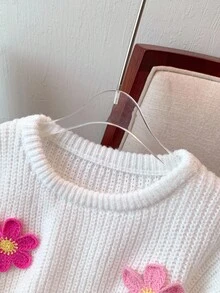 SHEIN 青少年女孩休闲日常圆领 3D 钩针毛衣上衣，白色 - 白色 - 查看 3