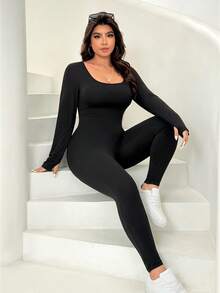 Solflare Plus Size Thermal Knitted Jumpsuit, Autumn/Winter Long Sleeve Jumpsuit Bodycon Jumpsuit Black Catsuit Black Body Suit