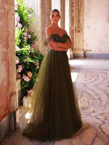 Glamrae Elegant And Gorgeous Olive Green Sequin Embroidery, Hand-Arranged Floral Appliques, One-Shoulder Back With Tie-Back Details, Oversized Sleeves And A Long Train, Suitable For Happy Gatherings, Dates, Formal Occasions, And Evening Dresses (Heavy-Duty Style) - Olive Green - View 5