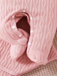 SHEIN Playful Pals 3 件套新生儿服装，包括连体衣、蝴蝶刺绣衬垫连体衣和帽子，休闲简约设计，长袖，连脚裤，适合秋冬季 - 淺粉色 - 查看 7