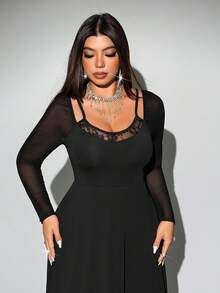 Viva Relle Plus Size Women Lace Contrast Mesh Raglan Sleeve Sexy Dress Fall Cloth For Women - Black - View 3