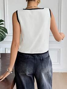 SHEIN Frenchy Women's Elegant White Floral Embroidered Sweater Vest,Contrast Trim Button Front Casual Knit Top For Autumn,Brunch,Party,Christmas & Winter,Chic - Apricot - View 2