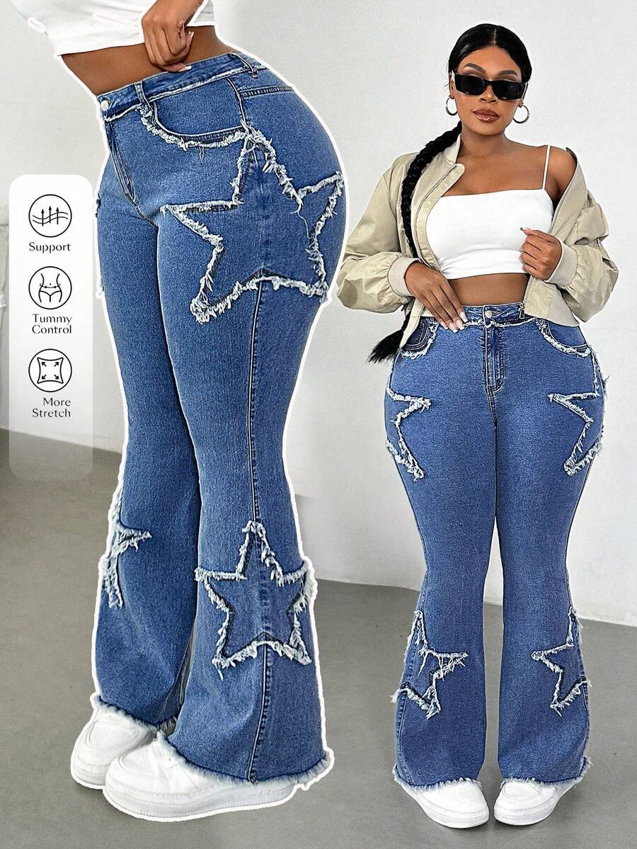 Dripcurv Quần jeans ống loe bó màu xanh denim cỡ lớn thường ngày - Rửa tối - Xem 1