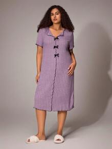 SHEIN Turtleneck Plus Size Color Block Ruffle Edge Bow Decor Casual Dress, Home & Sleep Dress - Purple - View 5