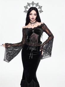 ROMWE EDITION Gothic Palace Mesh Castle Embroidery Contrast Lace Off Shoulder Flare Sleeve Velvet Blouse, Halloween - Black - View 2