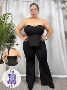 Hourglow Cardis.Ego 女士秋季服装，冬季加大码优雅纯色抹胸和裤子两件套，夏季，适合沙漏型身材 - 黑色 - 查看 1
