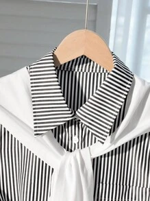 Franclia 女士休闲商务条纹青果领衬衫 - 黑與白 - 查看 4