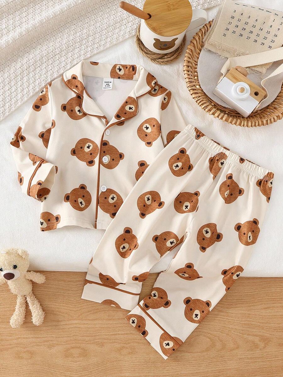 2pcs Toddler Boys Cute Casual Cartoon Bear Print Zip-Up Long Sleeve Top And Pants Homewear Set, Light Apricot Fall Winter - Multicolor - View 1