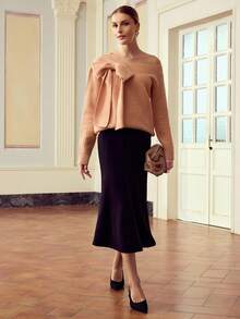 ZEYLAH Elegant Solid Color Asymmetric Collar Bow Decor Sweater, Fall /Winter Clothes - Coral Orange - View 4