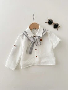 SHEIN 2 pièces Chemise blanche tout-aller pour bébé garçon et bébé fille avec col châle rayé, polyvalente pour le printemps, l'automne, l'hiver, l'été, convient pour l'anniversaire, la soirée, la représentation, le mariage, la baby shower, le baptême, la 1ère célébration d'anniversaire - Multicolore - Voir 3